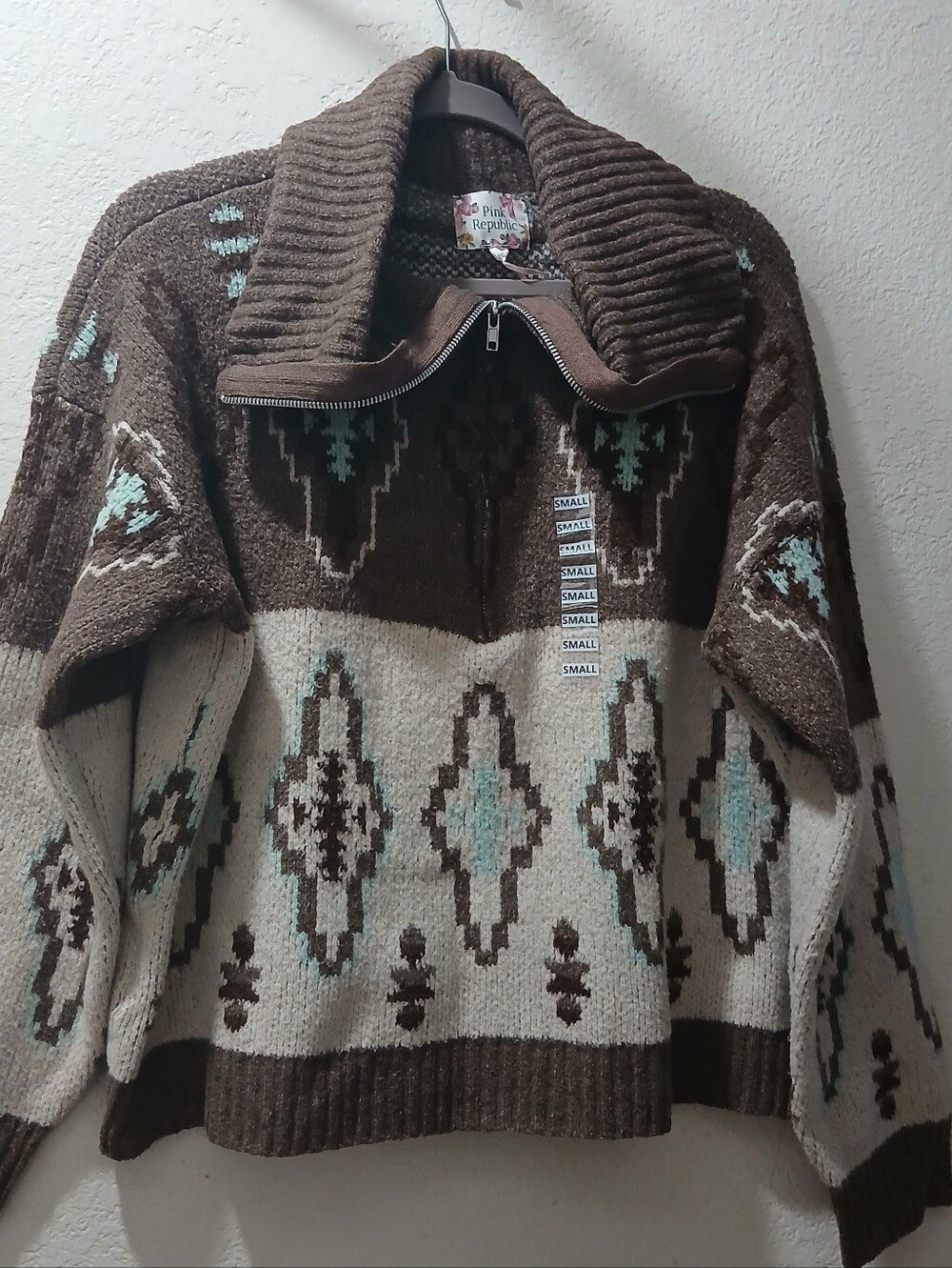 New Pink Republic size Xl  Brown, Cream & Turquoise Southwestern Zip-Up Sweater
